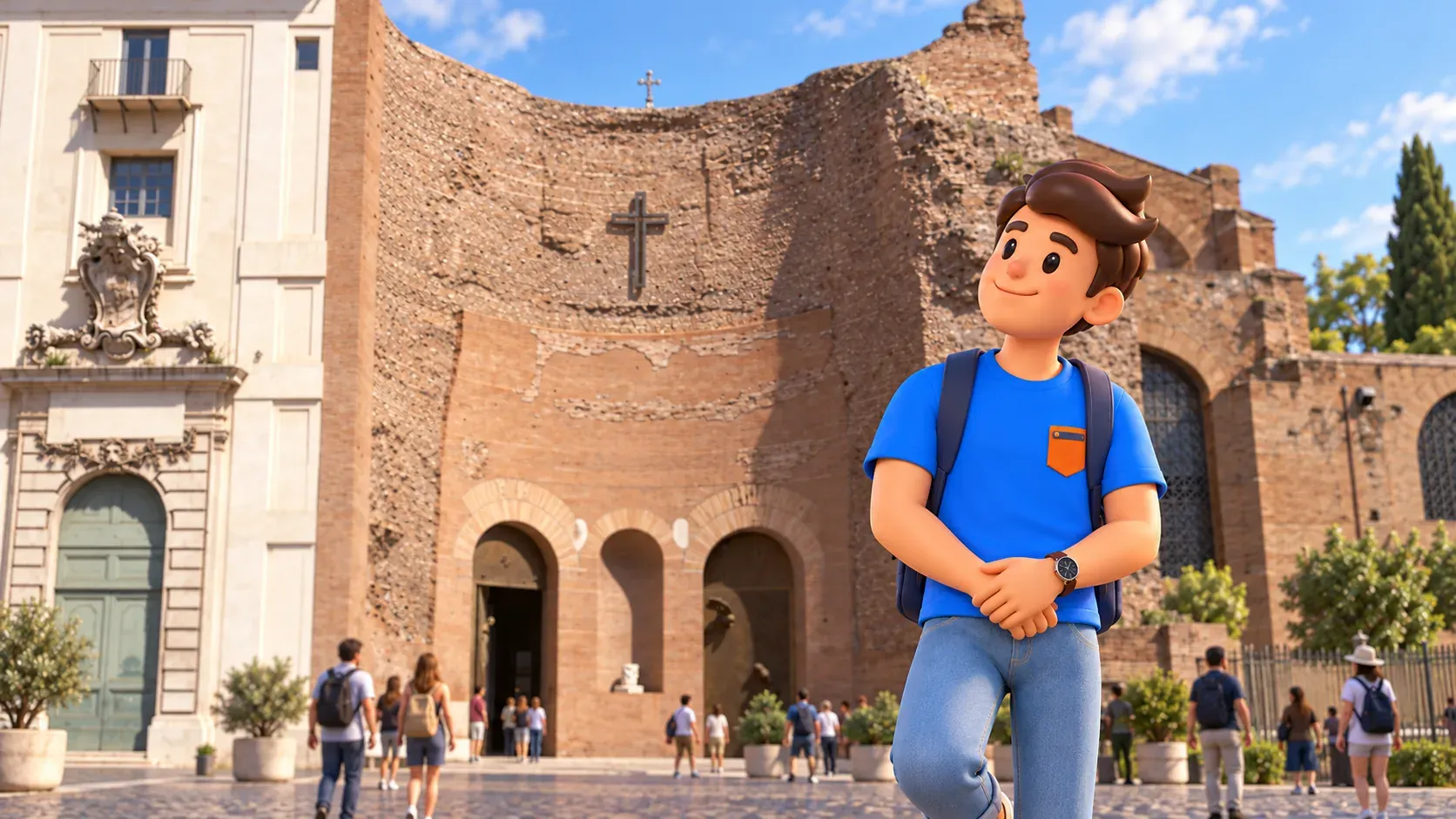 Un voyageur près de la façade de brique de Santa Maria degli Angeli
