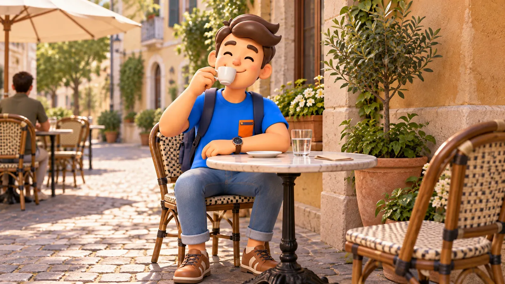 Un voyageur se repose avec un expresso à une terrasse de café