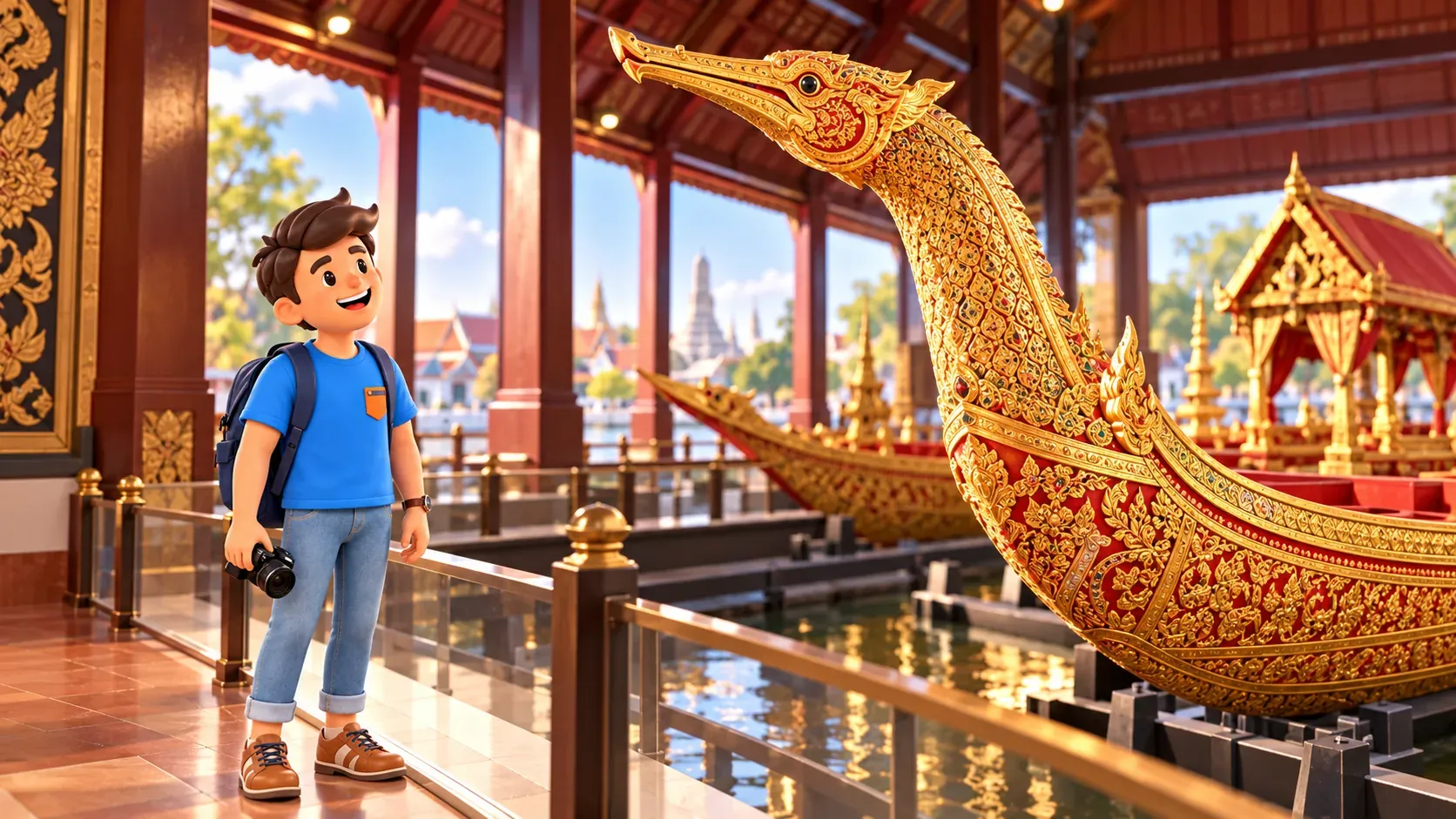 Viajero con cámara observando una figura dorada en la proa de un barco