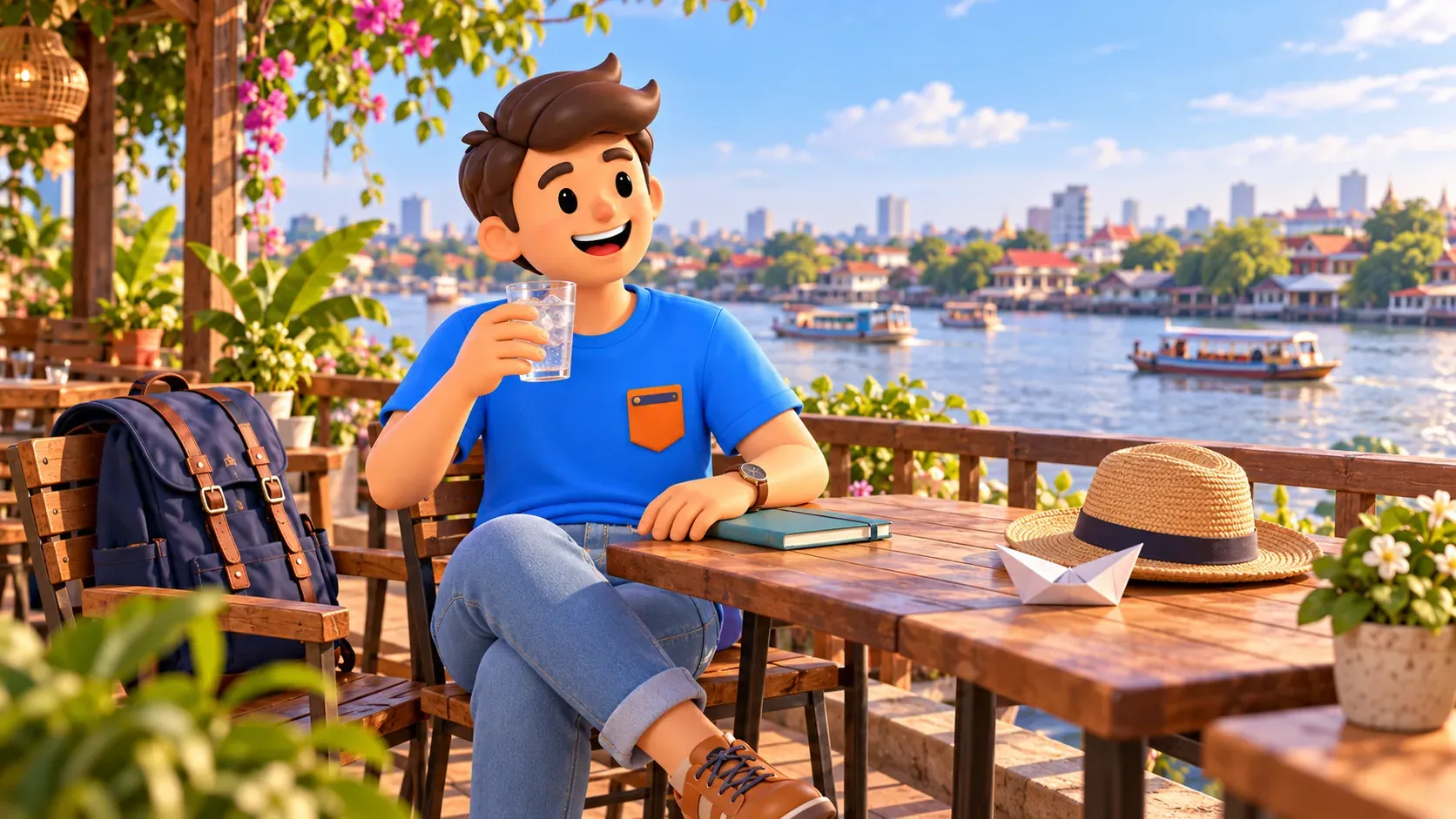 Viajero descansando con agua en una mesa junto al río