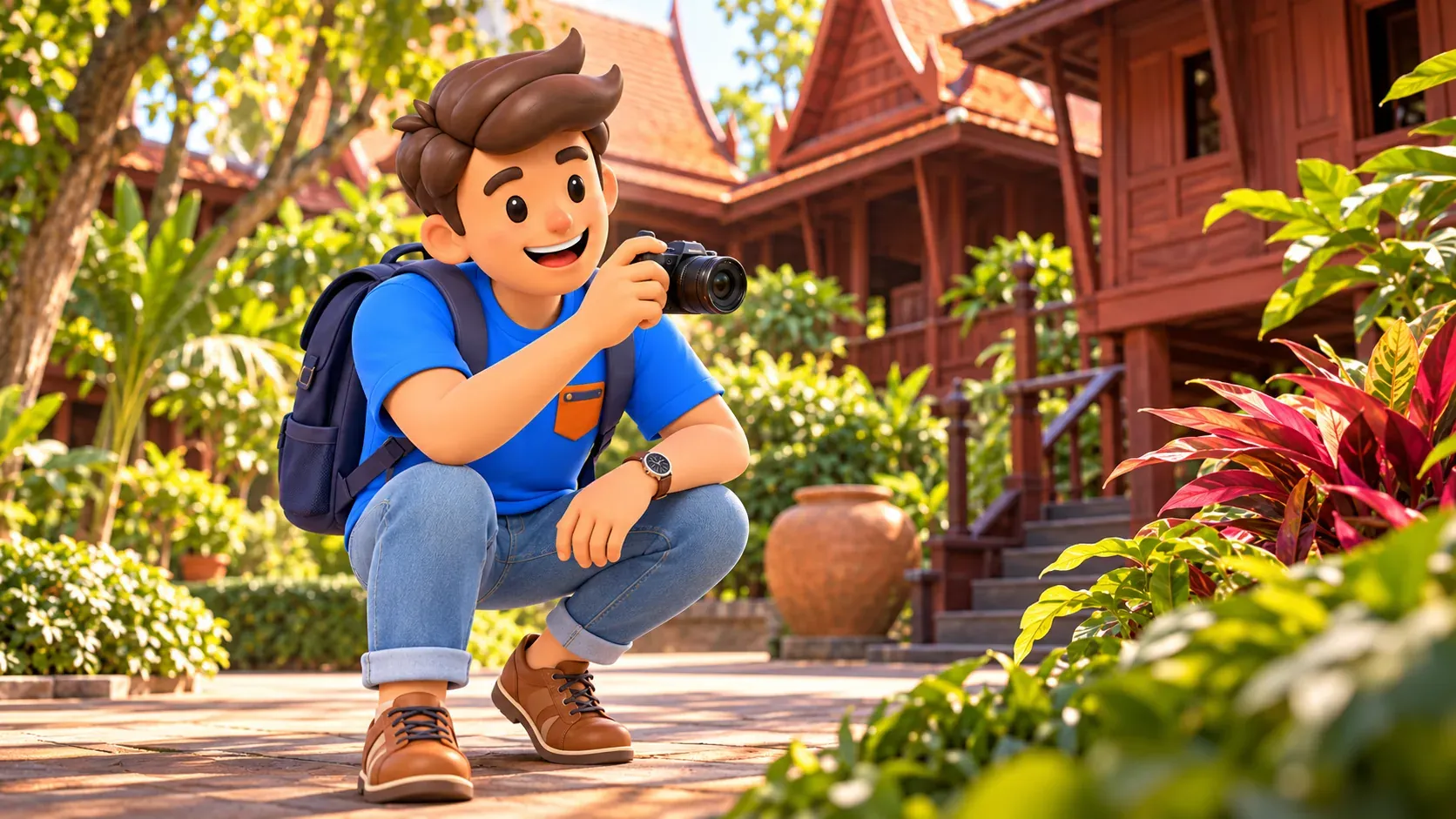 Traveller with a camera in a wooden house courtyard