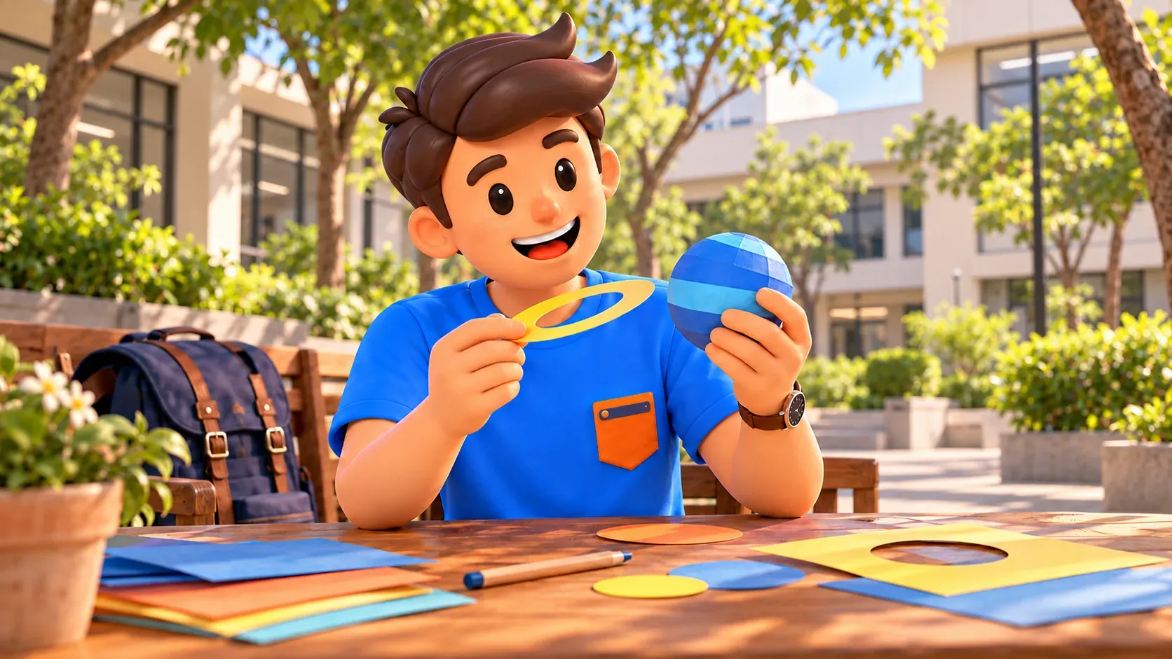 Traveller assembling a paper planet model at a table