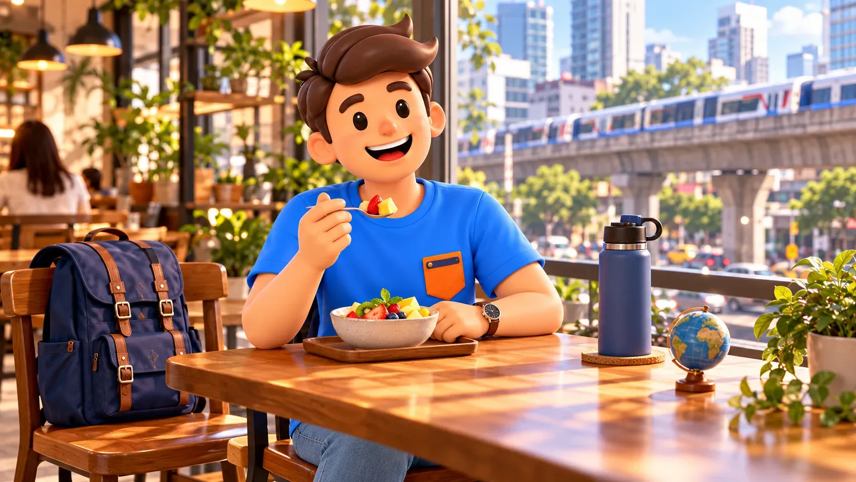 Traveller eating fruit during a break in an urban cafe