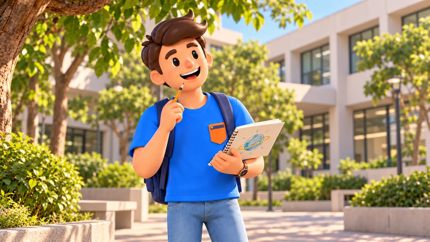 Traveller holding a notebook with a planet sketch in a courtyard