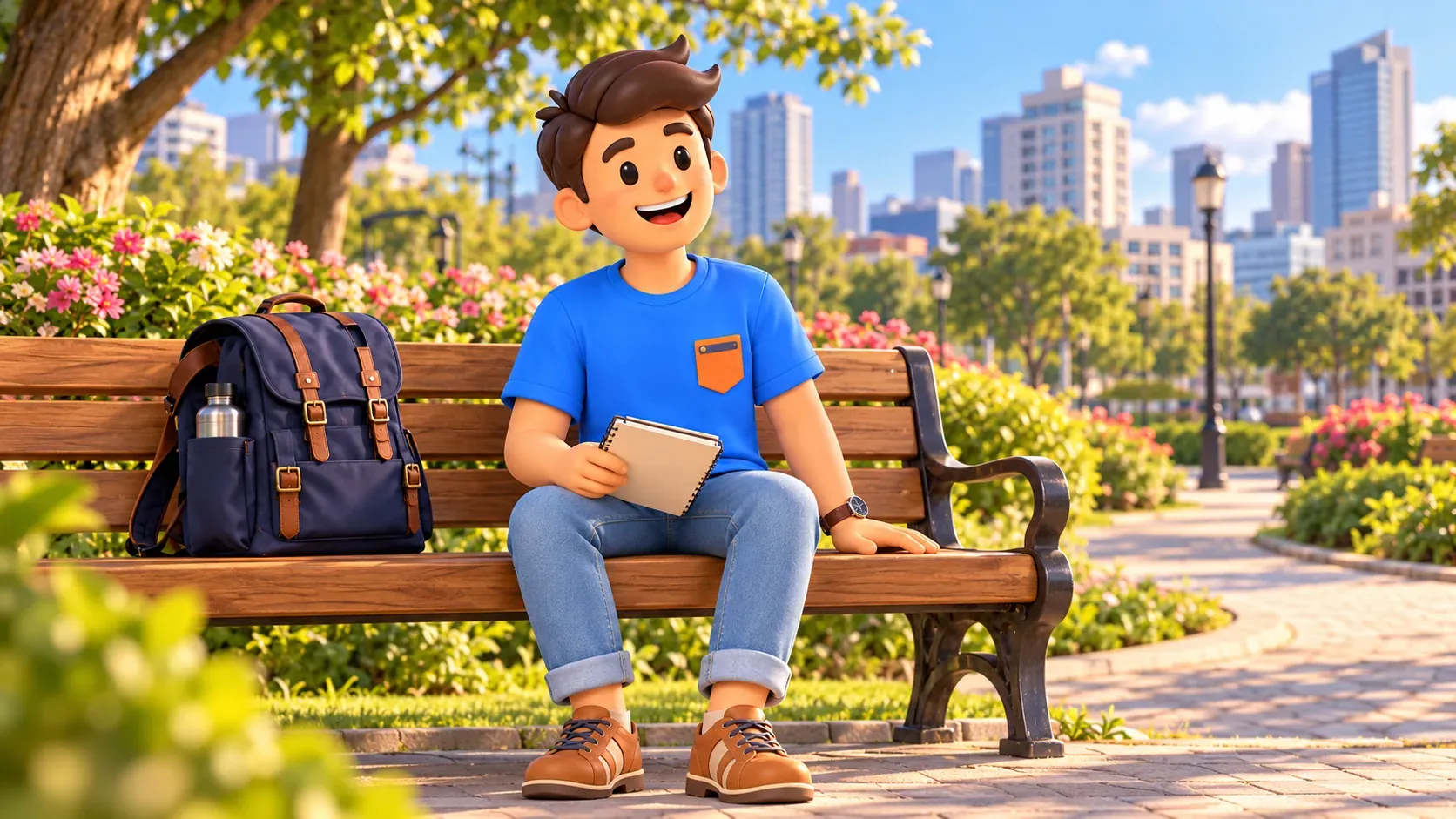Viajero con cuaderno descansando en un banco entre árboles
