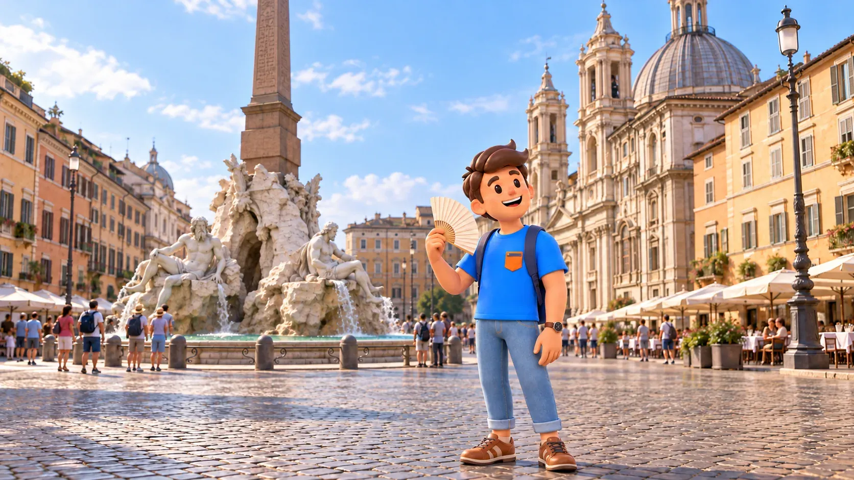 Ein Reisender mit Fächer am Vierströmebrunnen auf der Piazza Navona