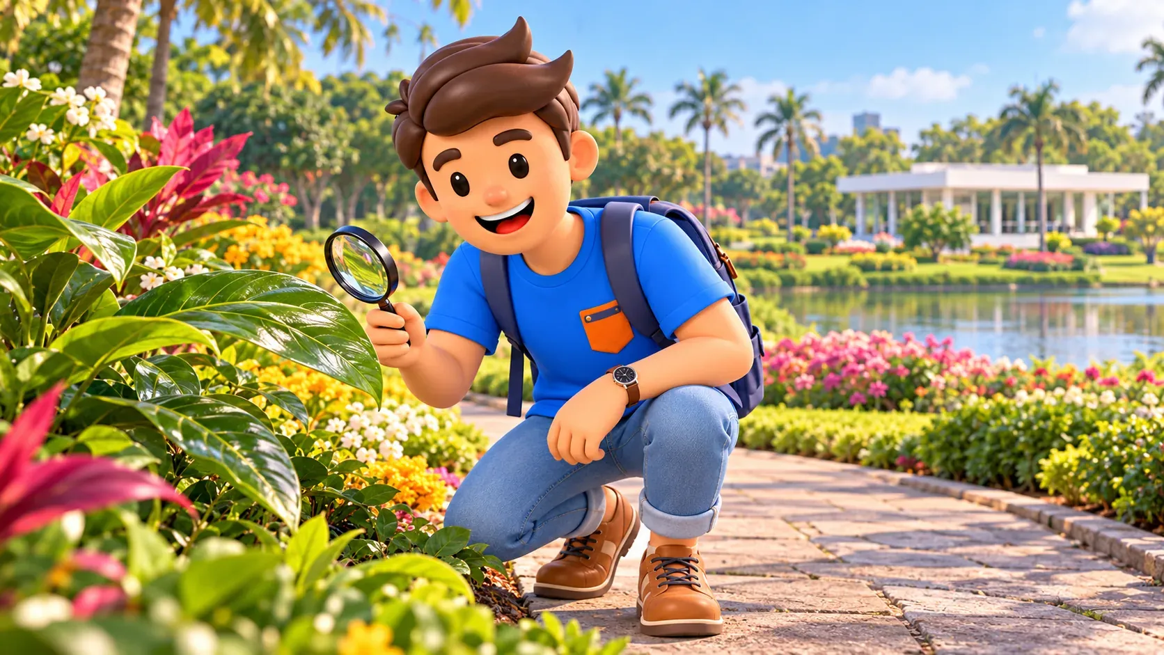 Voyageur observant une feuille à la loupe dans un jardin