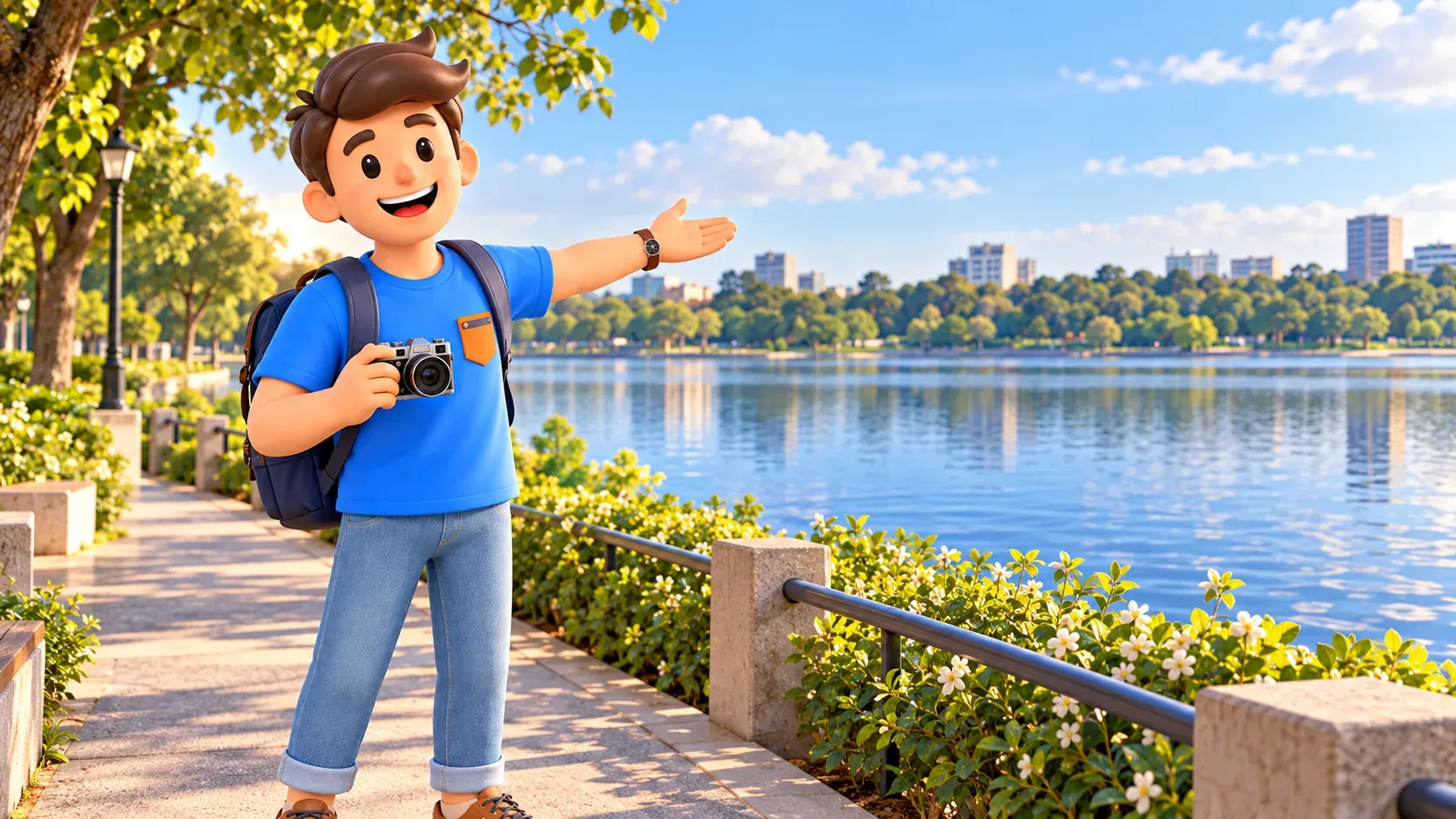 Voyageur avec un appareil photo montrant une vue ouverte sur le lac