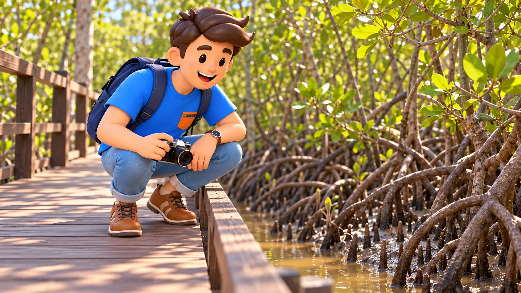 Voyageur avec un appareil photo observant des racines de mangrove depuis une passerelle