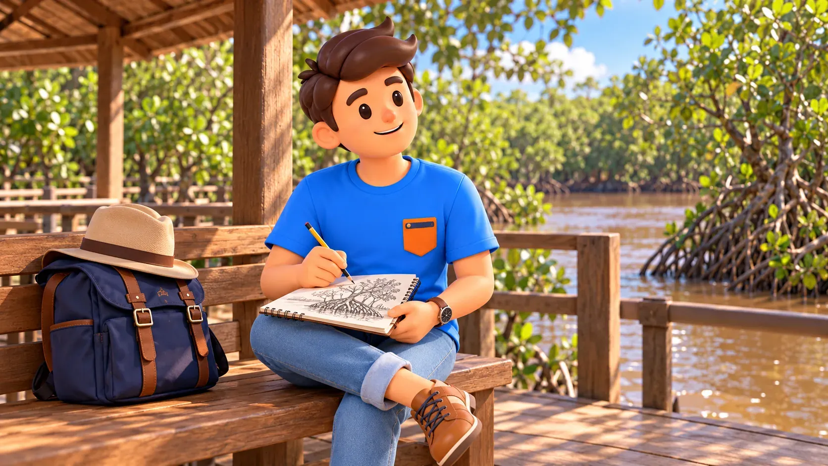 Voyageur dessinant des racines de mangrove pendant une pause à l’ombre