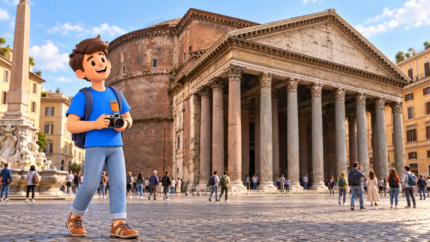 Ein Reisender mit Kamera betrachtet das Pantheon vom Platz aus