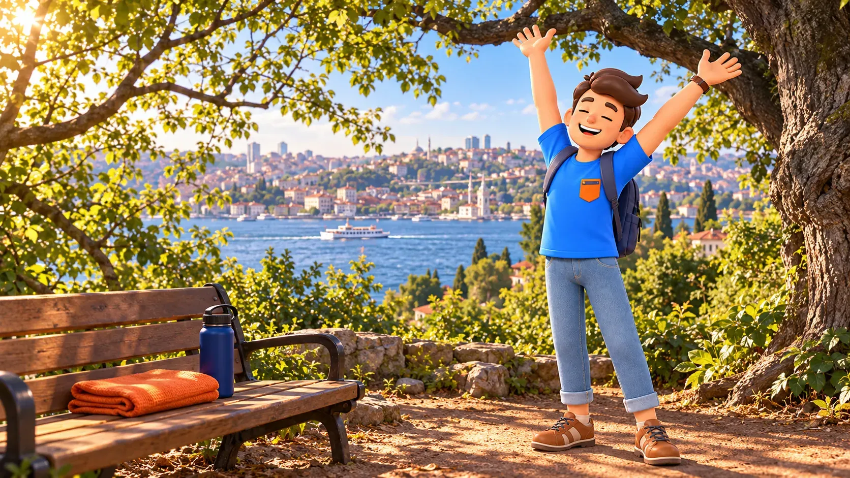 Die RoadMe-Figur streckt sich im Fethi-Pascha-Hain mit Blick auf den Bosporus