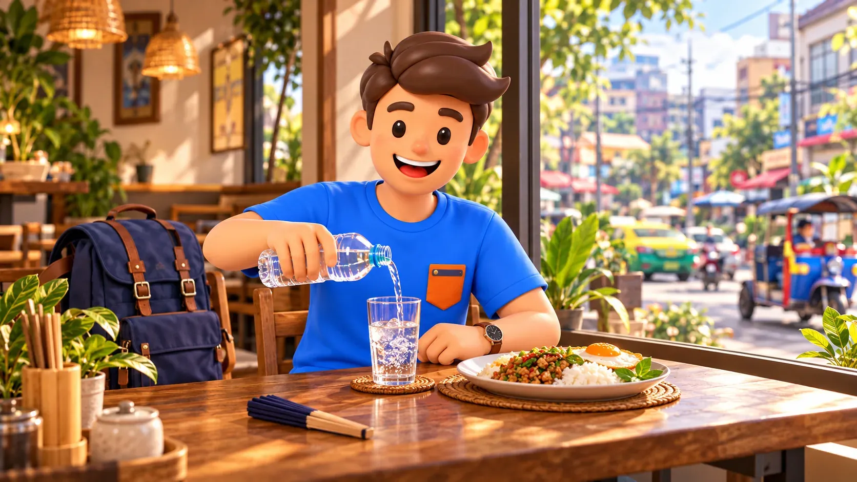 Viajero sirviendo agua durante una pausa de mediodía en un café