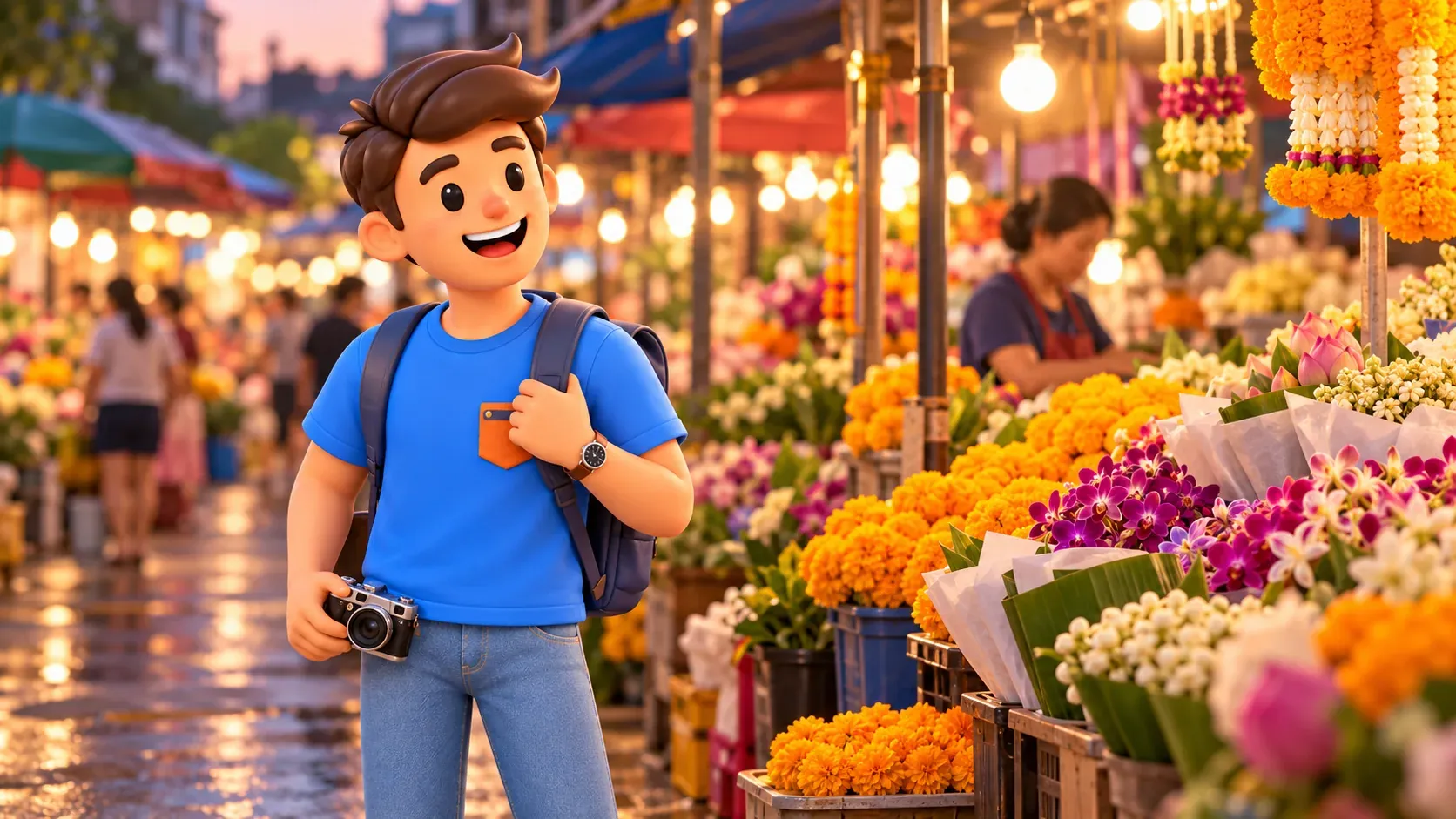 Viajero con cámara observando puestos de flores al atardecer