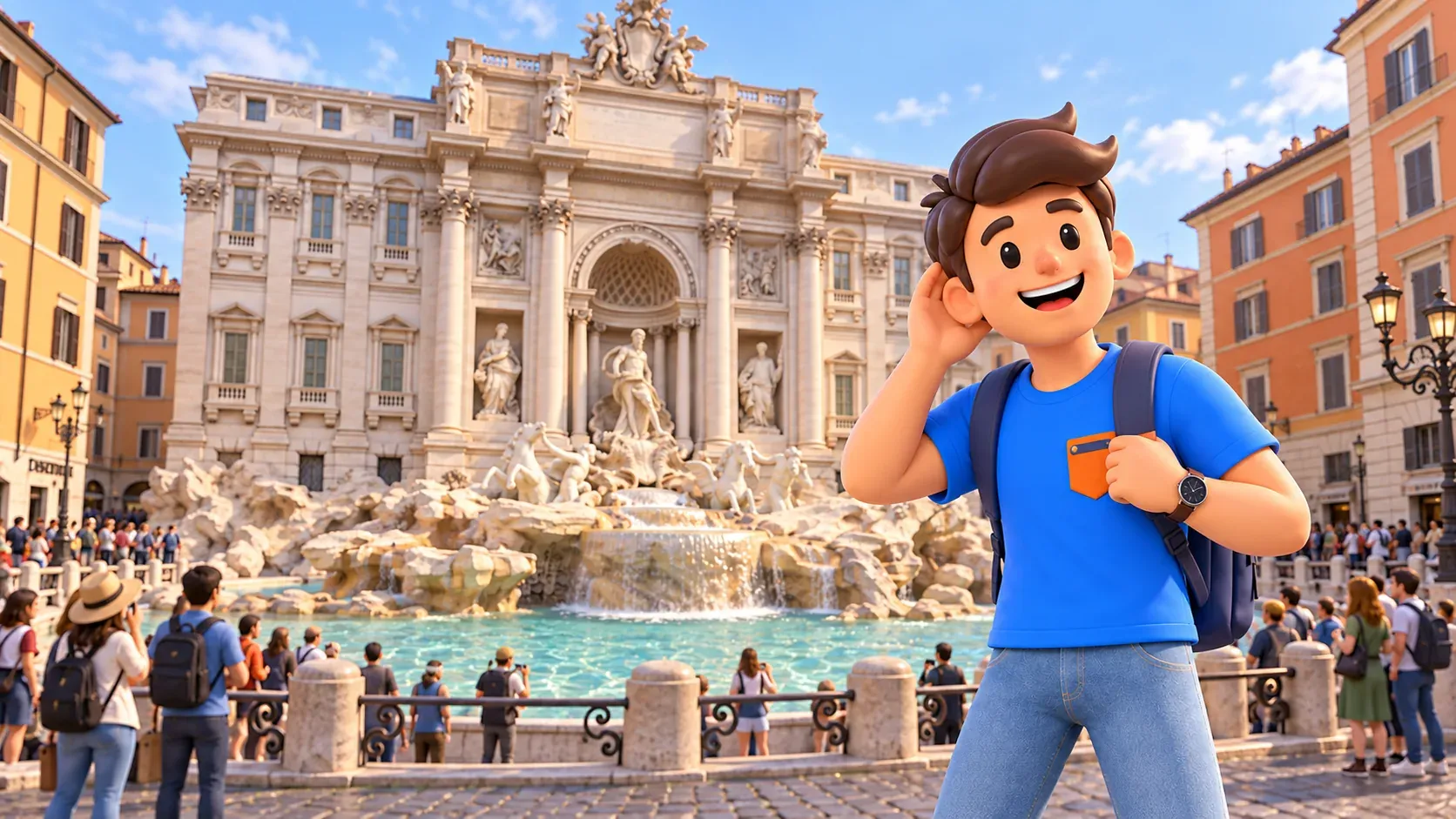 Ein Reisender lauscht dem Wasser auf dem Platz am Trevi-Brunnen