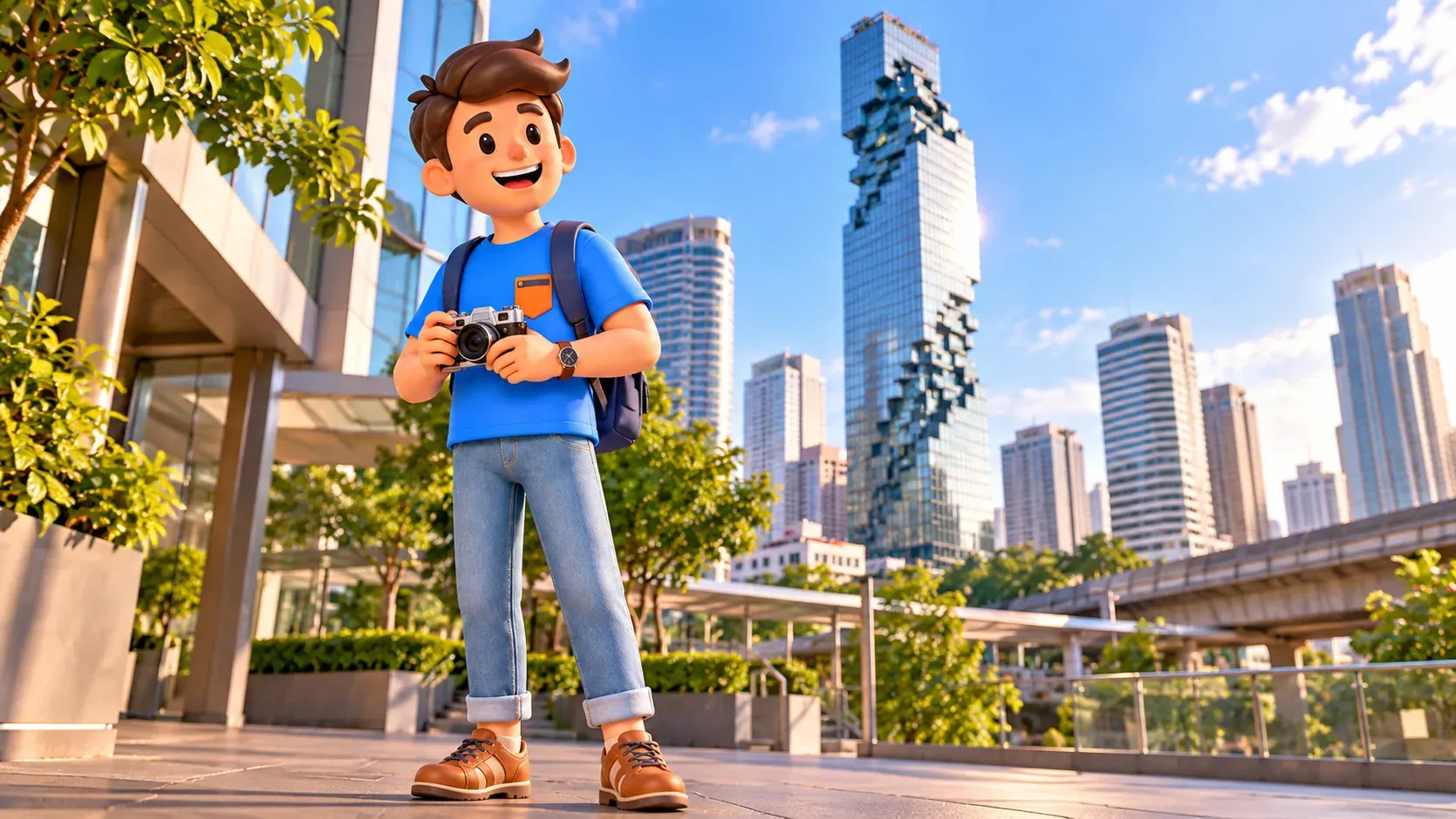 Voyageur avec un appareil photo dans la rue près d’une tour à façade pixélisée