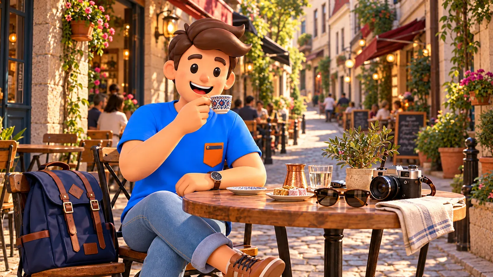 Die RoadMe-Figur trinkt Kaffee in einer illustrierten Straße von Karaköy