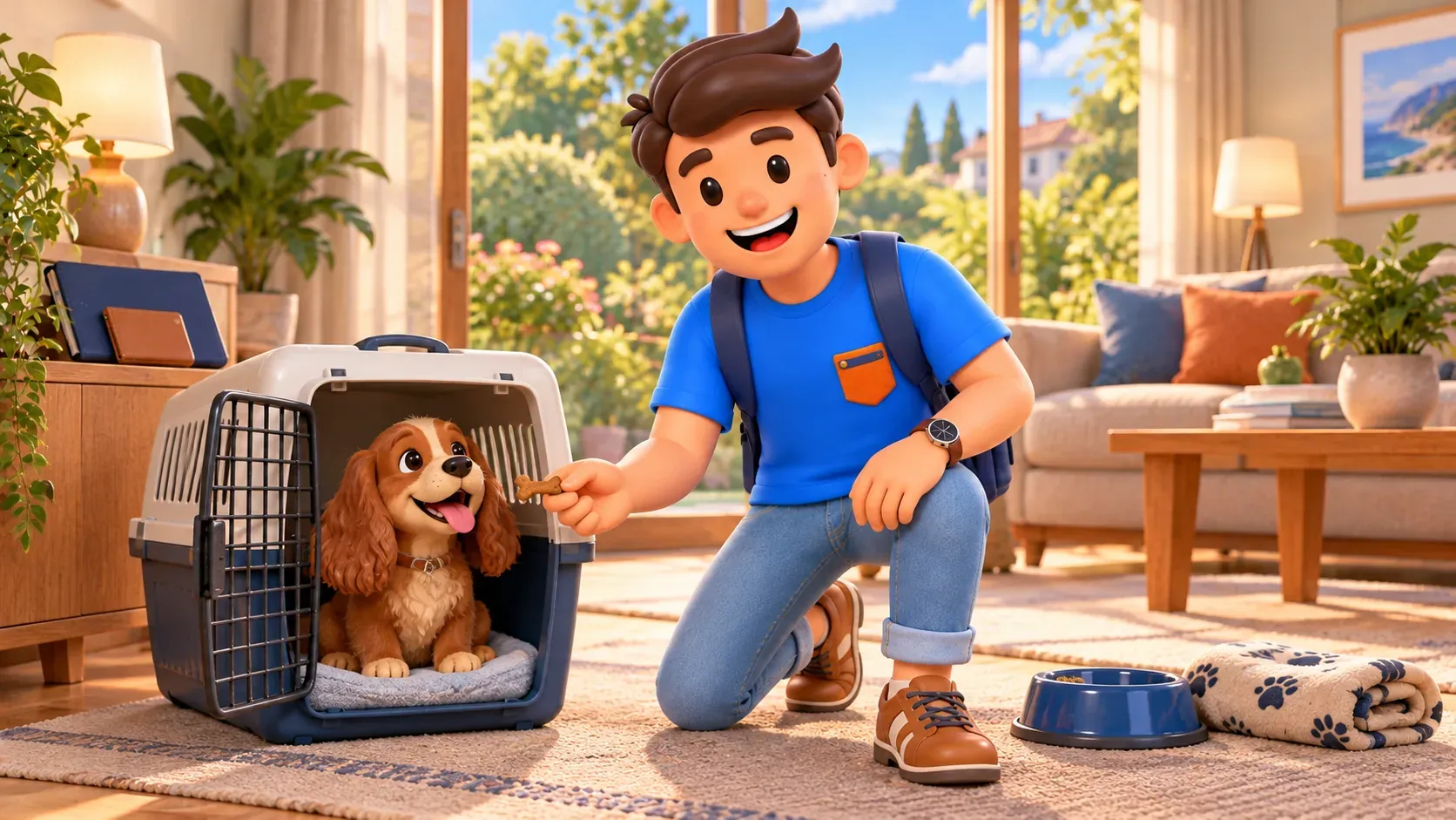Une personne habitue son chien à son contenant de transport à la maison avant un voyage