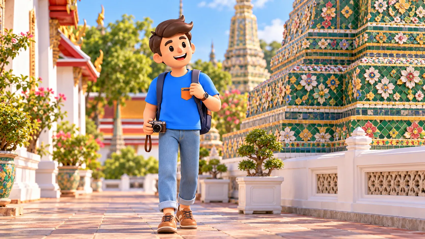 Voyageur regardant les carreaux floraux d’un chedi dans une cour de temple