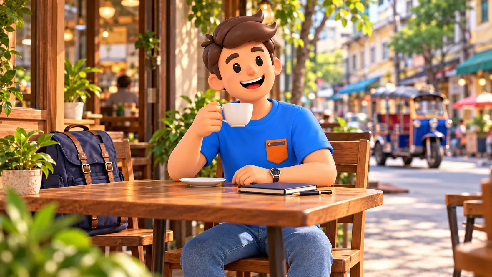 Voyageur se reposant avec une tasse de thé à la table d’un café urbain