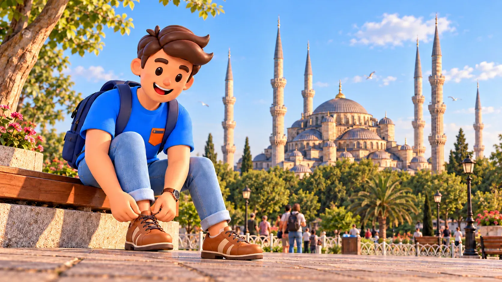 Le personnage RoadMe refait un lacet sur un banc devant la Mosquée bleue