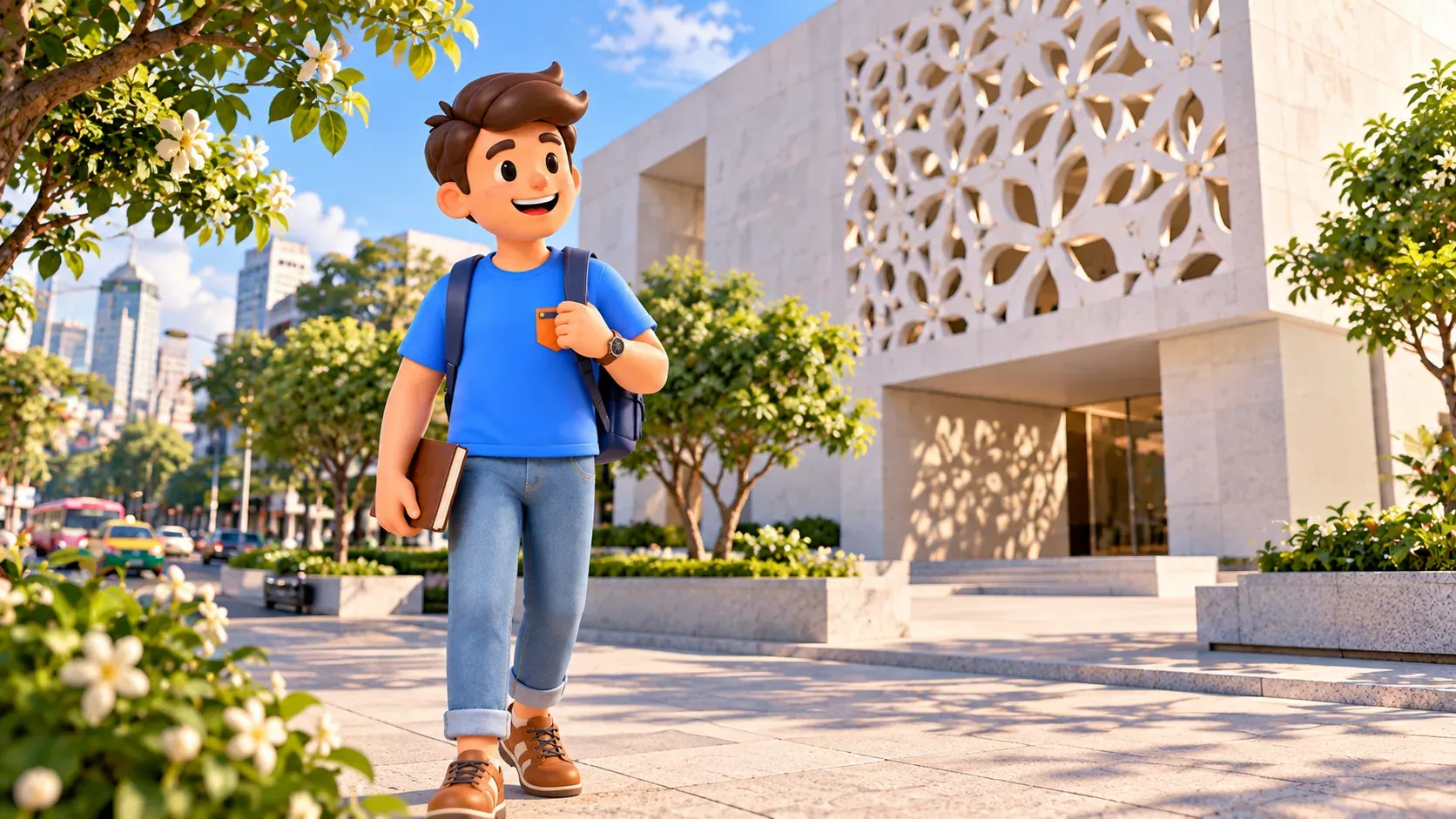 Viajero junto a un museo claro con fachada floral tallada