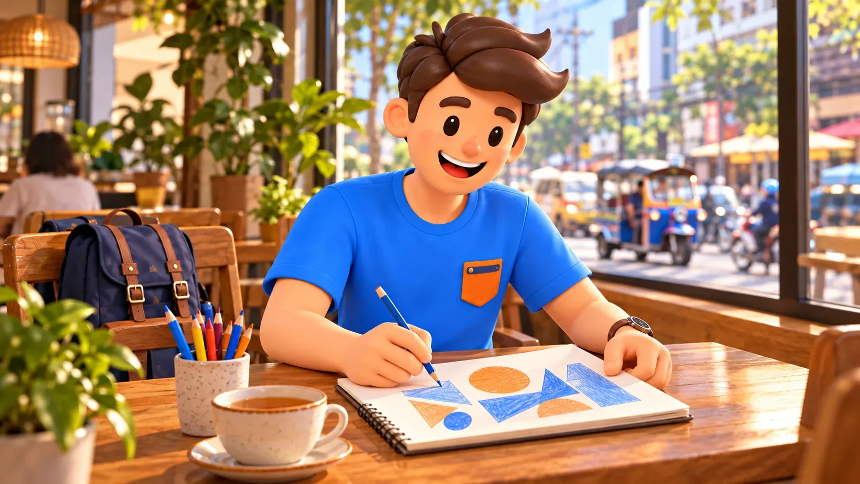Viajero dibujando sus formas geométricas con lápices de colores en un café