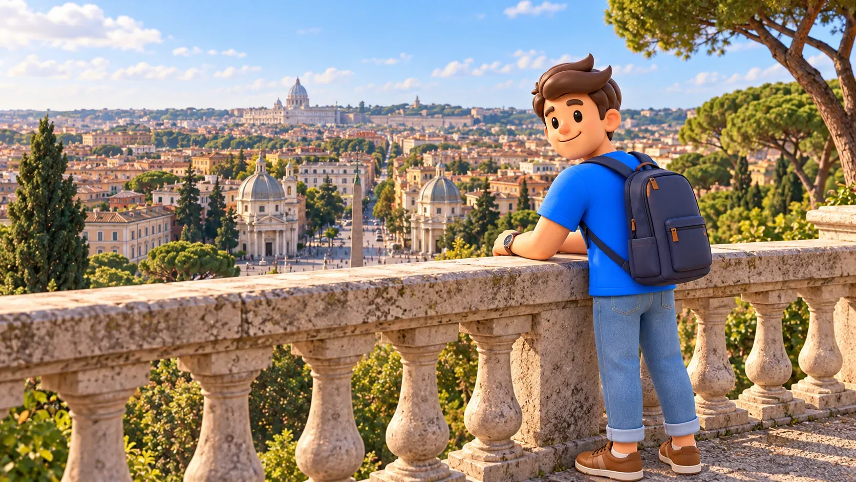 Ein Reisender an der Pincio-Brüstung mit Blick über Rom und die Piazza del Popolo