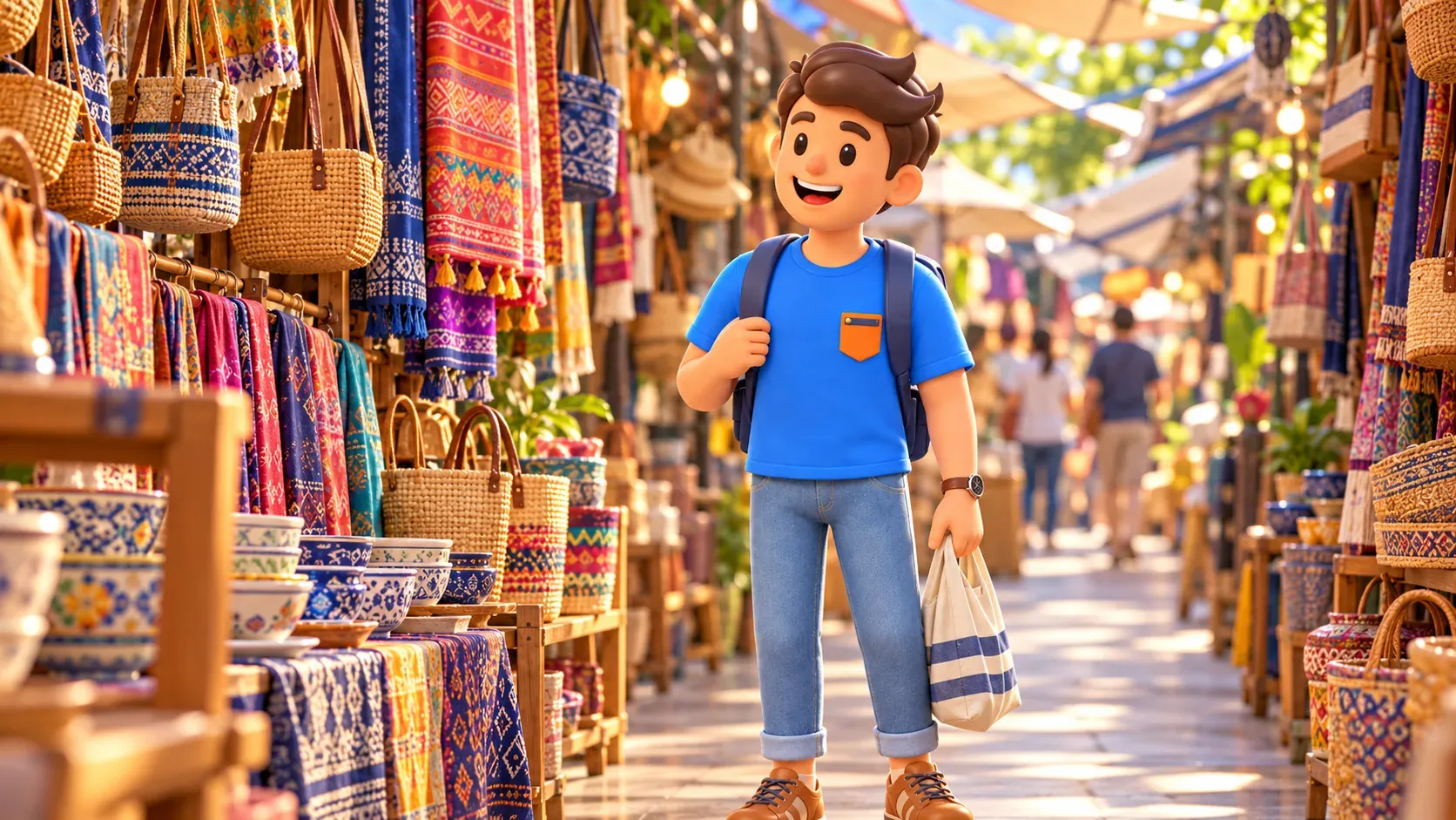 Traveller browsing textiles and ceramics at a market