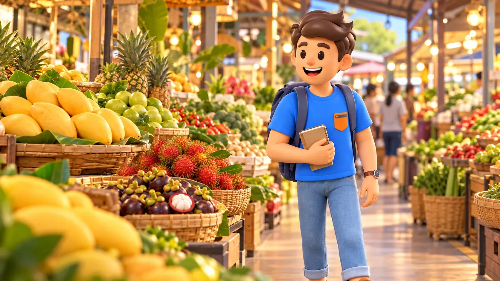 Traveller with a notebook beside tropical fruit stalls