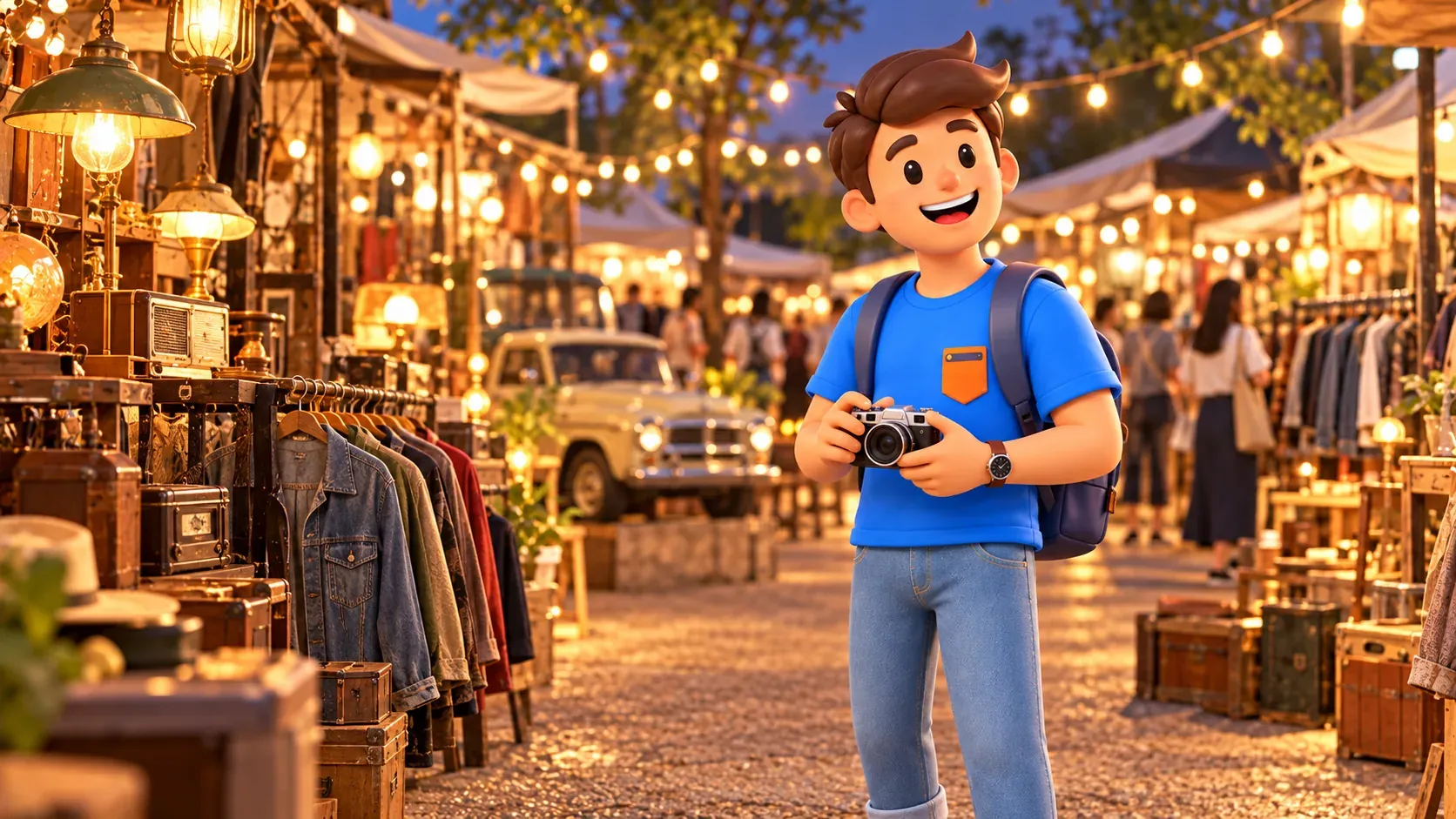 Traveller with a camera among vintage stalls at an evening market