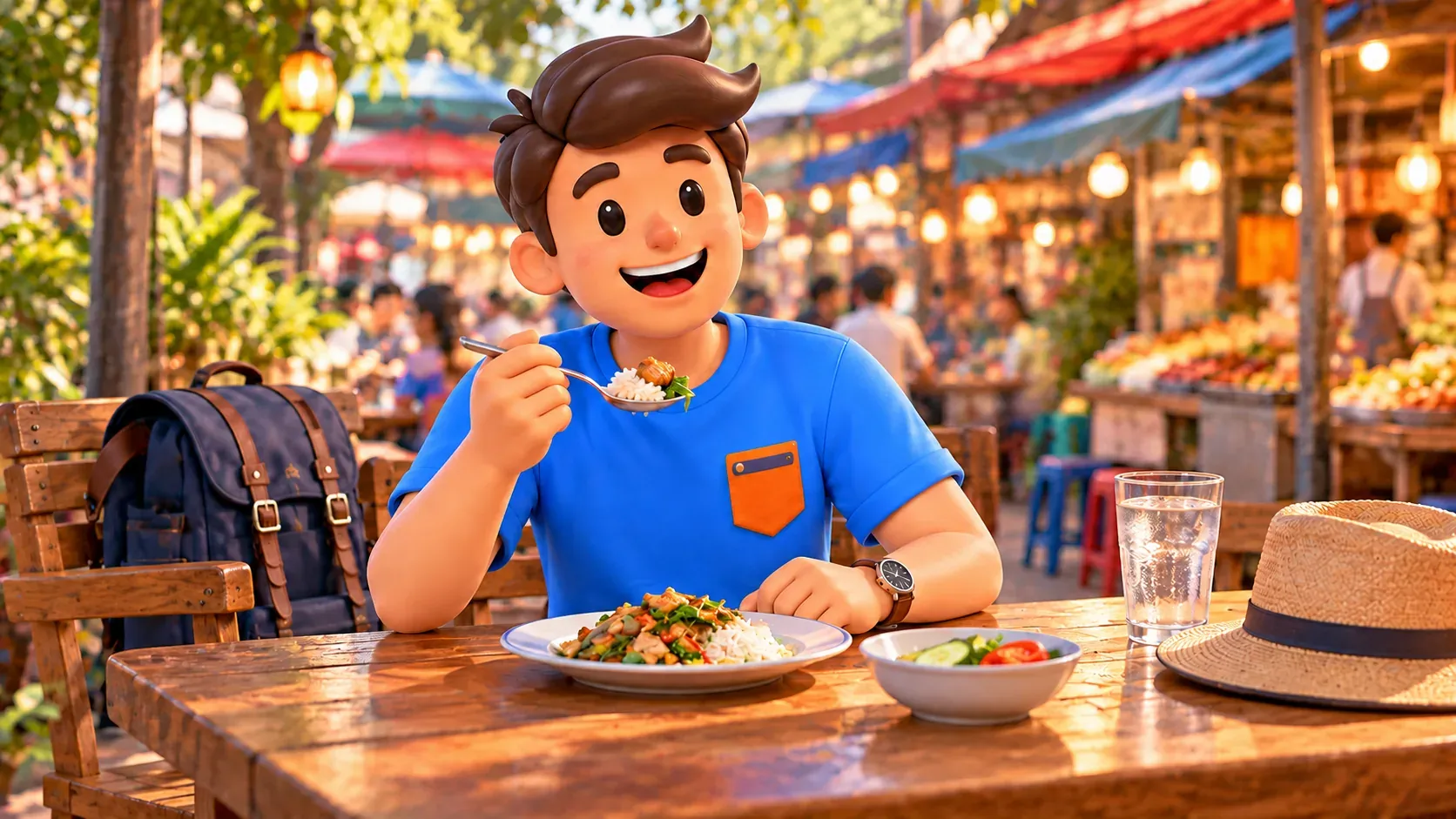 Traveller eating at a market table with his backpack and hat nearby
