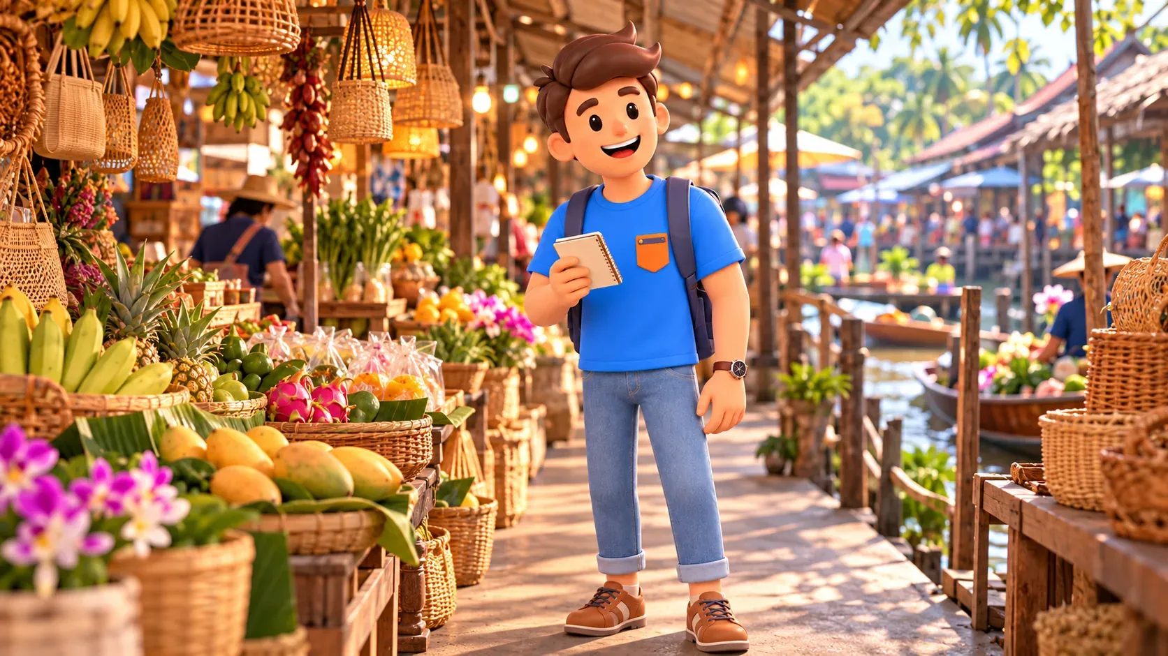 Viajero con cuaderno entre puestos en tierra de un mercado junto al canal