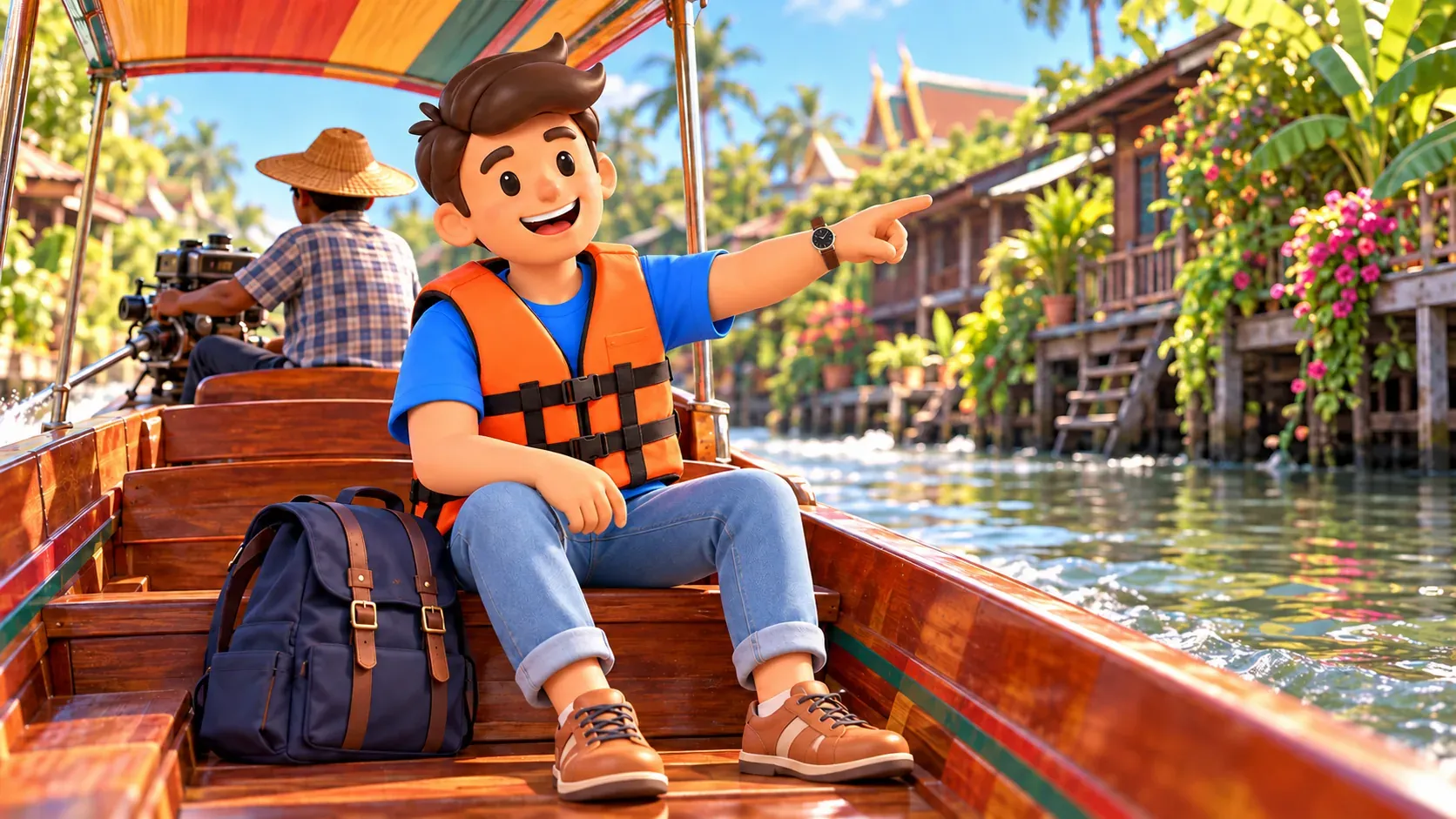 Viajero con chaleco salvavidas durante una excursión por el canal