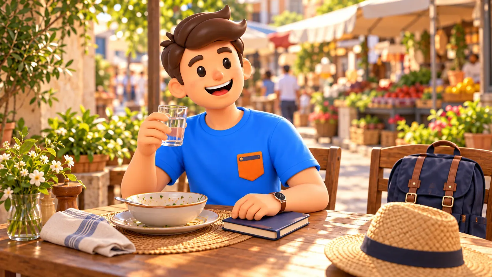 Viajero descansando con agua en una mesa del mercado después de comer