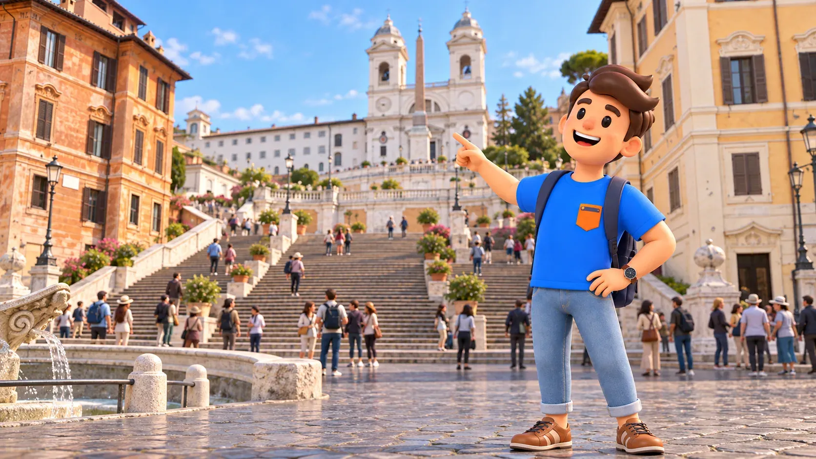 Ein Reisender betrachtet vom Platz aus die Kurven der Spanischen Treppe