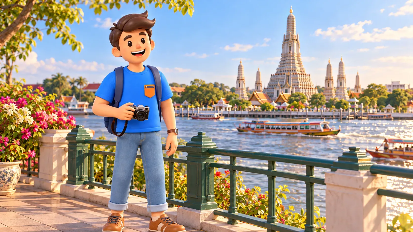 Reisender mit Kamera blickt über den Fluss auf Wat Arun