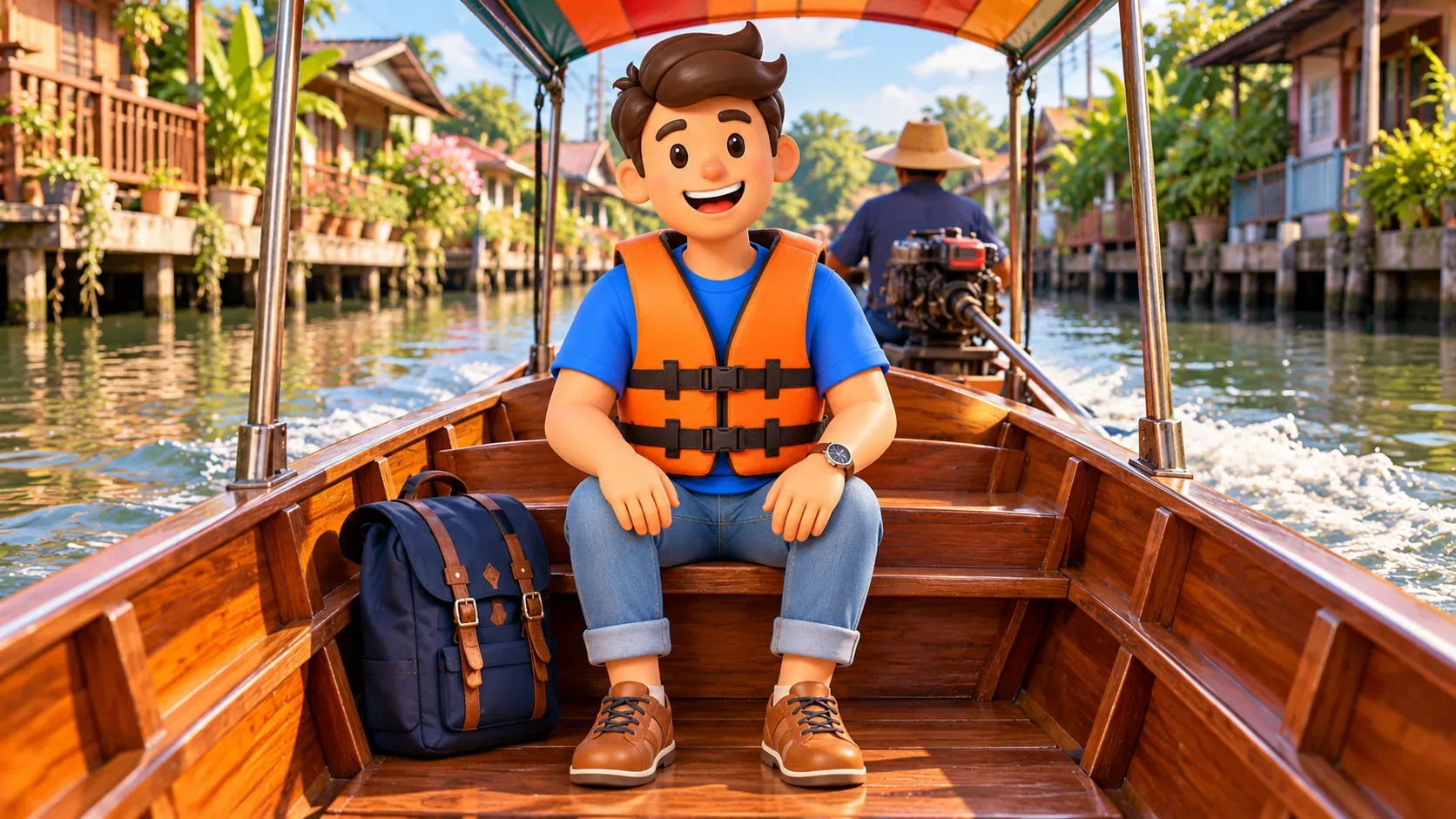 Reisender mit Schwimmweste im Boot auf einem bewohnten Kanal