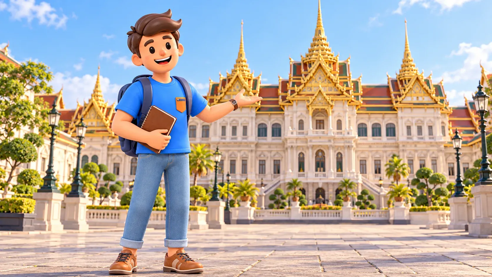 Voyageur près d’une façade palatiale aux toits thaïlandais sur un corps européen