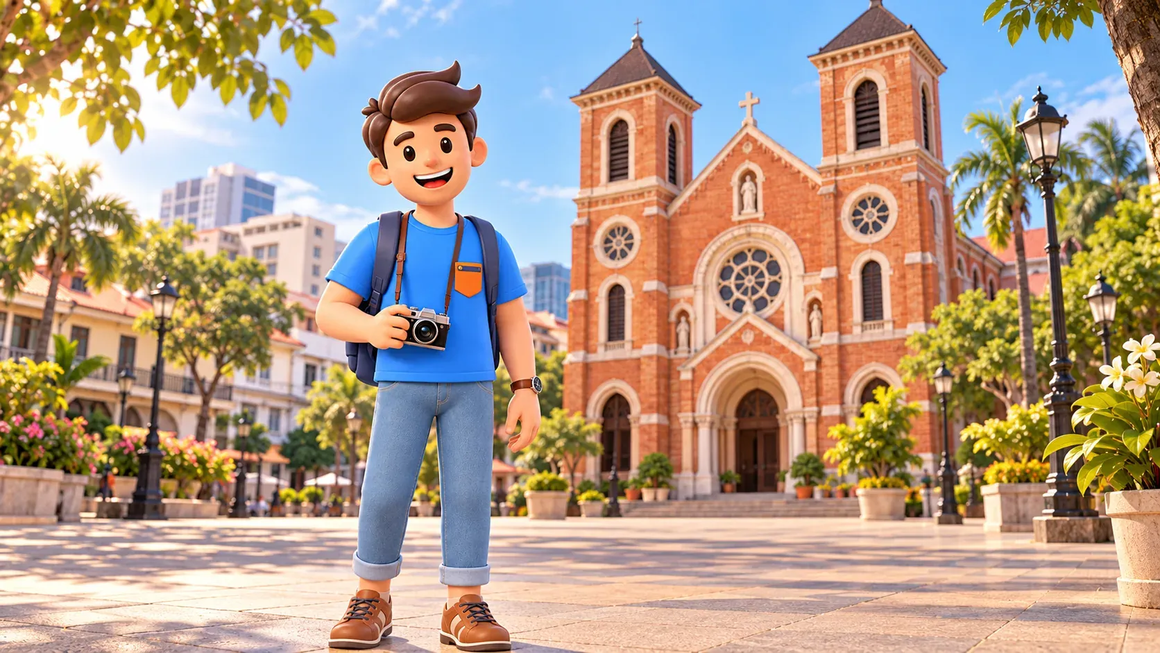 Voyageur avec un appareil photo devant une cathédrale de brique rouge à tours jumelles