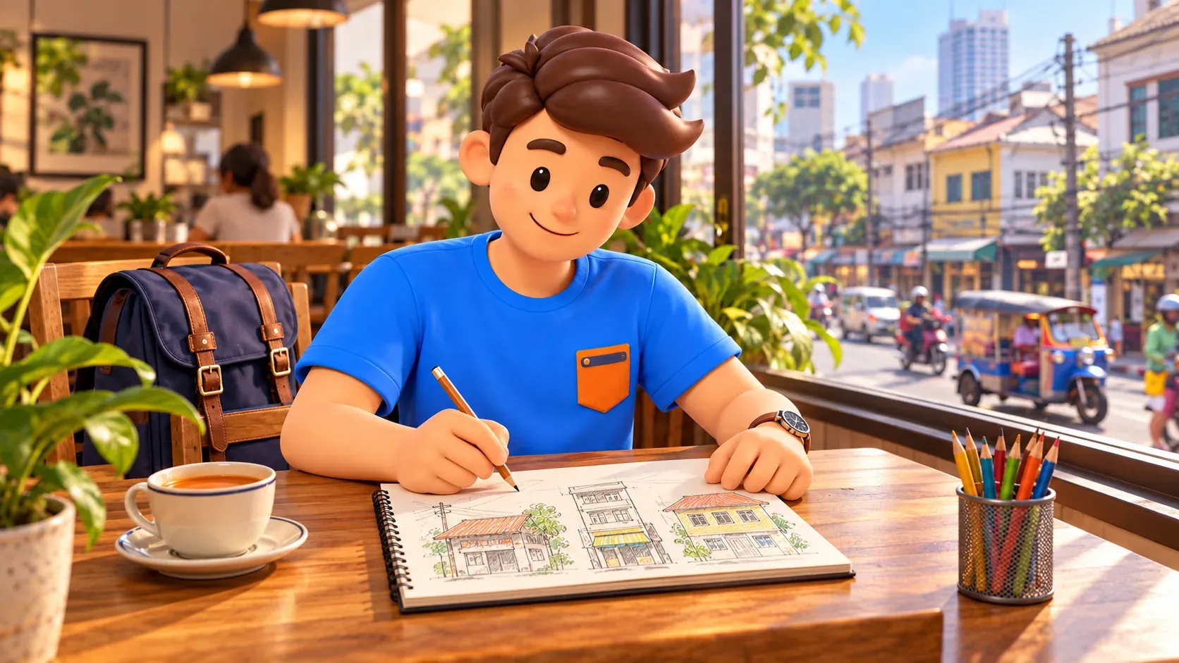 Voyageur dessinant ses observations architecturales dans un café de Bangkok