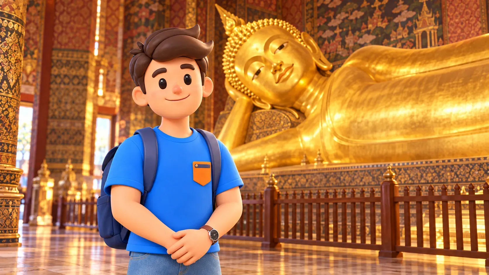 Reisender vor dem vergoldeten liegenden Buddha in einer von Wat Pho inspirierten Halle