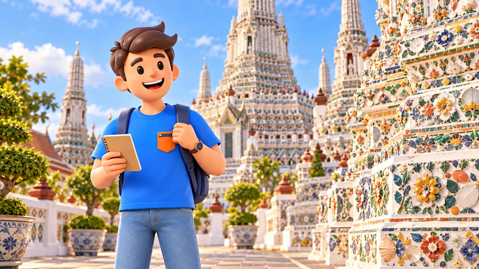 Reisender betrachtet floralen Porzellandekor nach dem Vorbild von Wat Arun