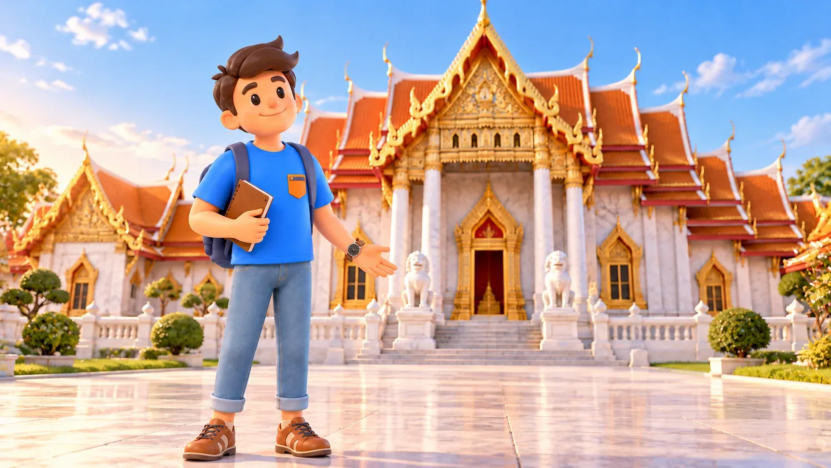 Reisender vor dem hellen Marmortempel mit thailändischem Dach