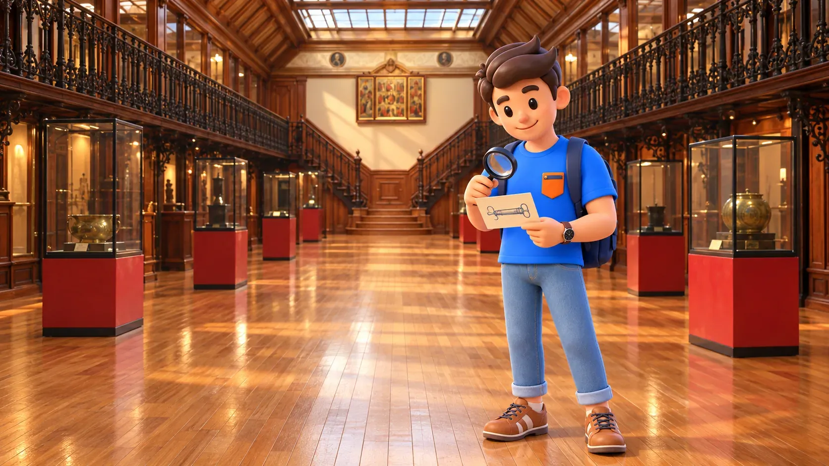 Le voyageur RoadMe examine sa fiche à la loupe dans la galerie historique du musée de médecine