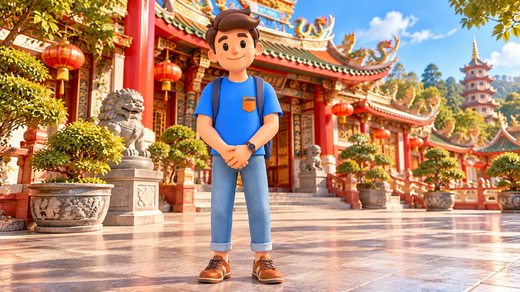 Reisender vor einem chinesischen buddhistischen Tempel mit roten Säulen