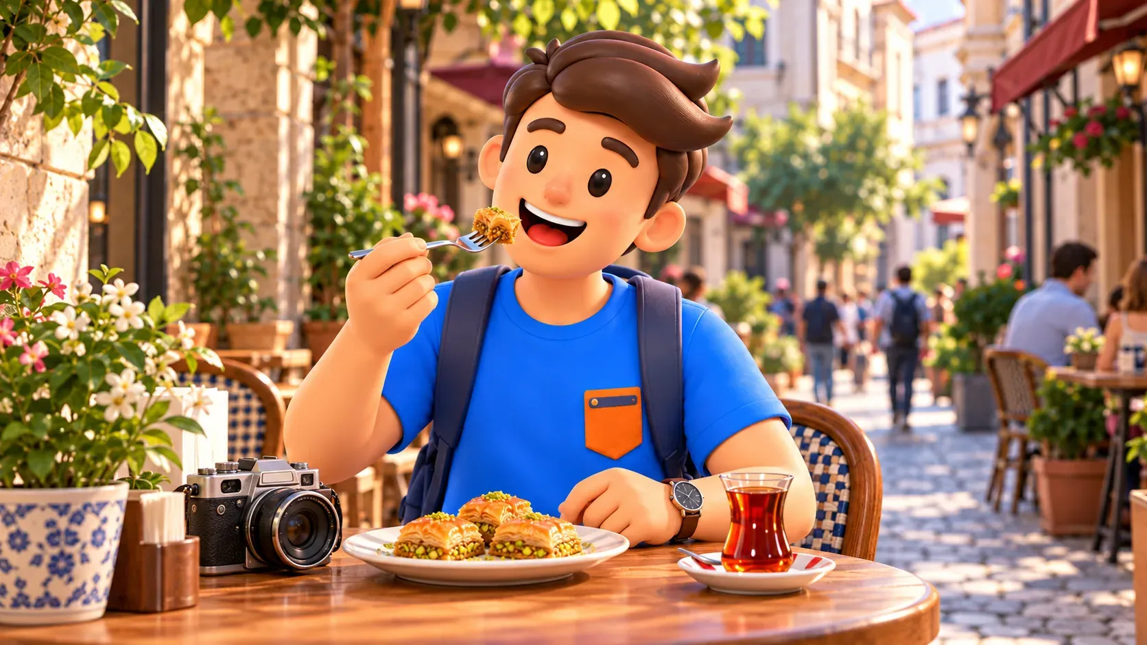 Die RoadMe-Figur probiert Baklava mit Tee in einem illustrierten Straßencafé in Sirkeci