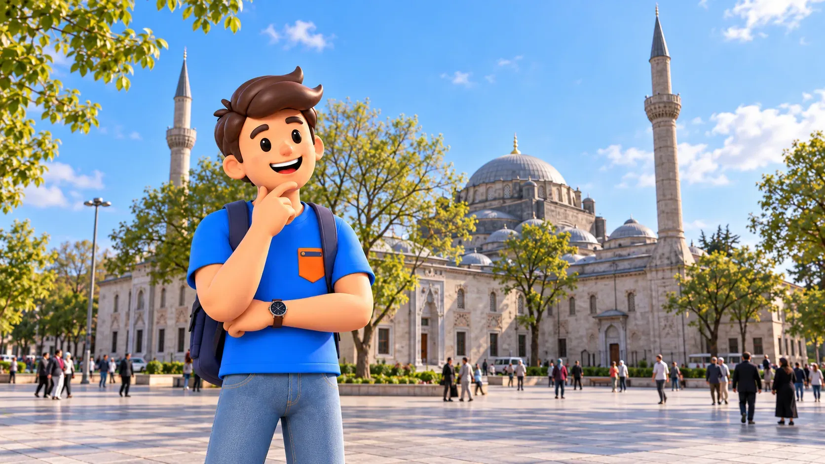 Le personnage RoadMe observe pensivement la place et la mosquée Beyazıt