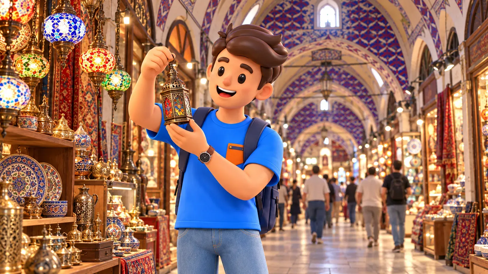 Le personnage RoadMe regarde une petite lanterne sous les voûtes du Grand Bazar