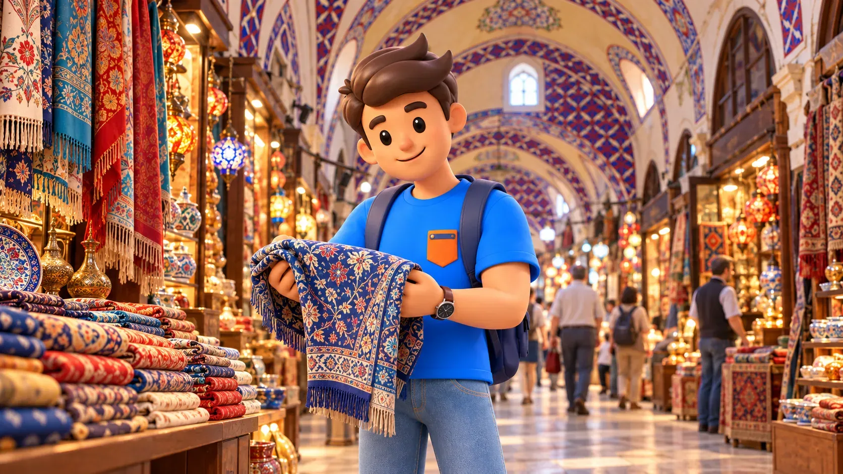 Le personnage RoadMe tient une étoffe pliée au Grand Bazar